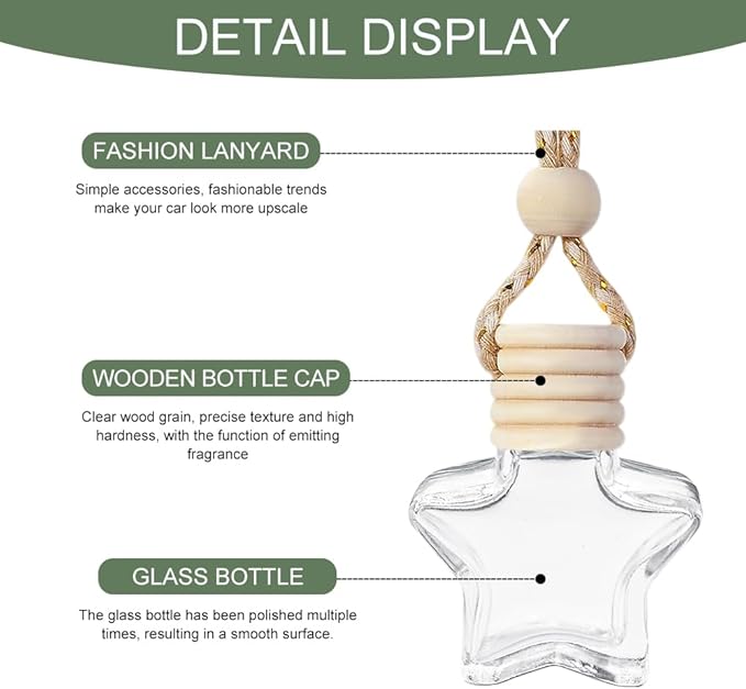 5PCS Hanging Car Air Freshener, Car Air Freshener Diffuser, 8ml Hanging Essential Oil Diffuser Bottle, Auto Interior Cute Glass Empty Perfume Bottle Ornament for Most Vehicles (Star)