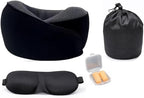 Neck Travel Pillow |100% Pure Memory Foam Neck Pillow Comfortable & Breathable Cover, Machine Washable for Travel, Airplane, Car Rides, & Home Use, Travel Kit with Eye Masks, Earplugs, & Bag (Black)
