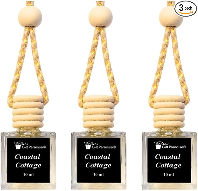 Gift Paradise® Coastal Cottage Hanging Car Air Freshener Set of 3 (10 ml Each) – Long-Lasting Fresh & Clean Ocean-Inspired Fragrance Diffuser for Car, Home & Office | Velvet Gift Bag Included