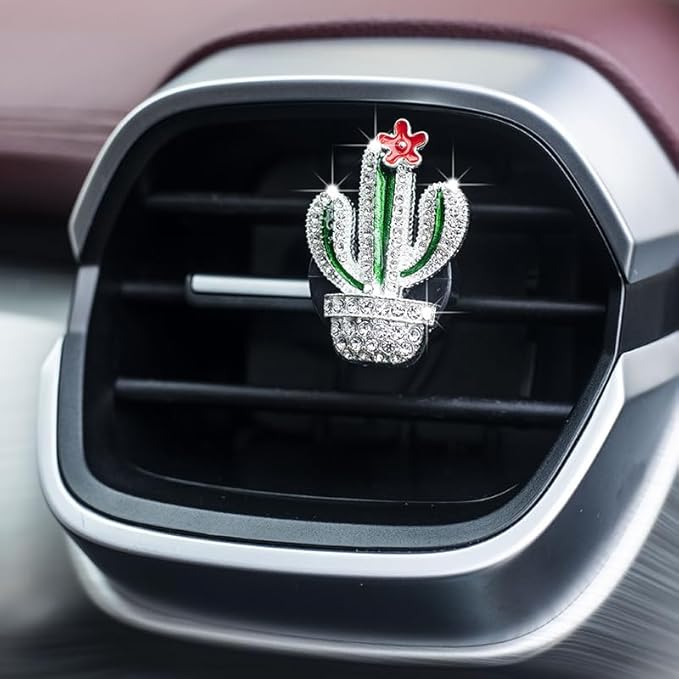 3 Pcs Bling Cactus Air Vent Perfume Clips, Rhinestone Artificial Plant Succulents Car Air Fresheners Aromatherapy Clips, Car Interior Decoration Accessories, Gift for Men Women