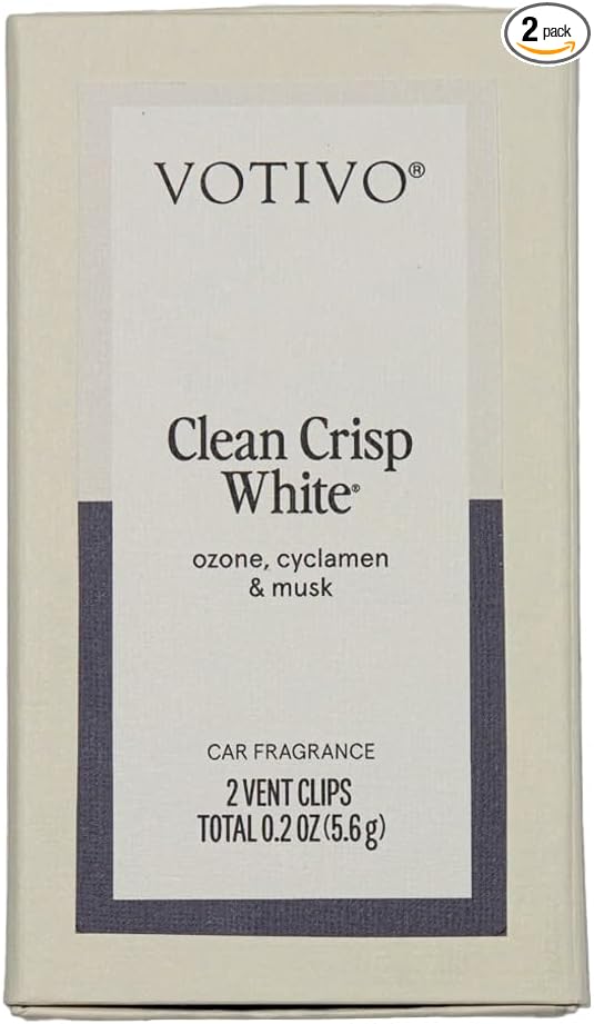 Votivo Clean Crisp White Car Fragrance 2-Pack | Auto Vent Clip Car Fresheners | Luxurious Cotton Scent for Vehicle | Provides Long Lasting Premium Scent for Auto