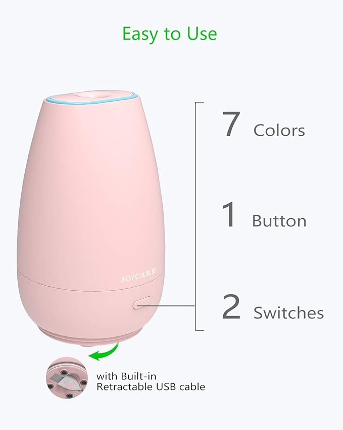 SOICARE Diffuser,USB Plug-in Car Portable Aromatherapy Diffuser,Essential Oils for Diffusers with 7 Colors Lights 2 Switch Mode Waterless Auto Off for Car Home Office Room (Pink)