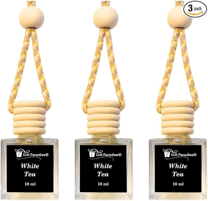 Gift Paradise® White Tea Car Freshener Set – 3 Pack 10ml Hanging Air Fresheners with Wooden Lid – Spring Summer Self Care Auto & Home Fragrance Diffuser for Car Mirror, Closet & Small Spaces