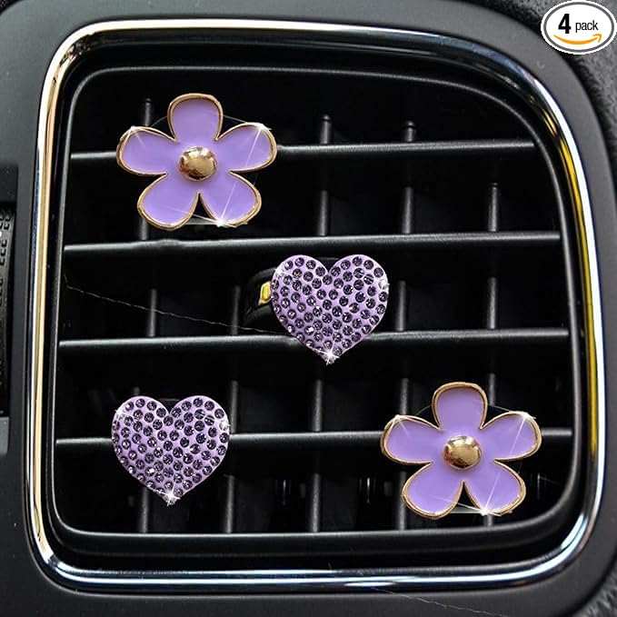 4PCS Car Air Vent Clips with Fragrance Pads, Cute Flower Car Air Fresheners Vents Clips Diamond Vent Clip Auto Interior Decor Charm Bling Auto Accessories Decoration for Women (Purple)
