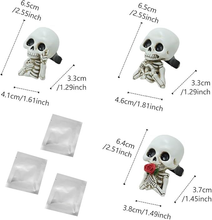 Set of 3 Halloween Skull Decor Cute Car Air Freshener Vent Clips, Resin Skeleton Holding Rose Car Diffuser Romantic Dashboard Decorations Auto Interior Accessories for Men Women
