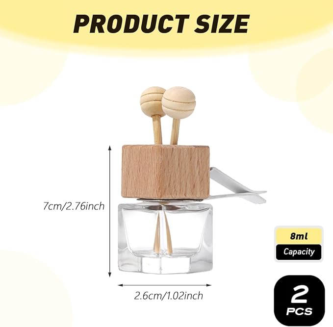 2 Pack Car Diffuser Air Freshener Bottles Refillable Empty Glass Essential Oil Diffuser with Vent Clip Wooden Sticks Universal Square Aromatherapy Diffuser for Vehicles Home