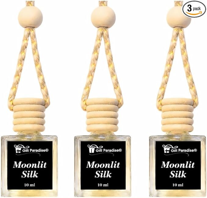 Moonlit Silk Car Freshener Set – Wooden Lid Hanging Air Freshener for Car Mirror, Multi-Use Home & Auto Fragrance Diffuser, 10 ml Bottles, 3 Pack – Soft Luxury Scent