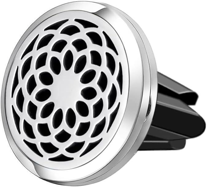 Wild Essentials Sunflower Mandala Essential Oil Car Vent Diffuser, Stainless Steel Locket Pendant with 8 Color Refill Pads, Customizable Color Changing Air Freshener for Aromatherapy