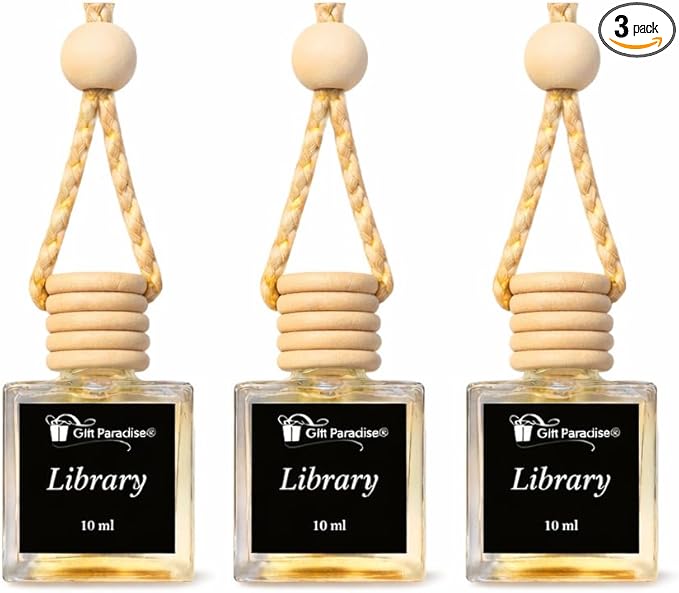Gift Paradise® Library Hanging Car Air Freshener Set of 3 (10 ml Each) – Cozy Bookish Scent Fragrance Oil Diffuser with Wooden Cap for Car, Closet, Home & Office | Velvet Gift Bag Included