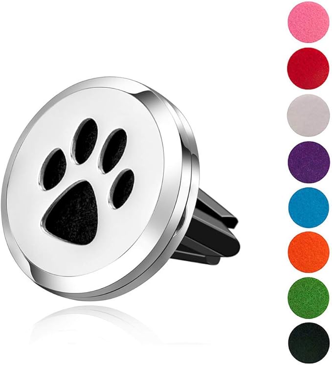 Wild Essentials Dog Paw Essential Oil Car Vent Diffuser, Stainless Steel Locket Pendant with 8 Color Refill Pads, Customizable Color Changing Air Freshener for Aromatherapy