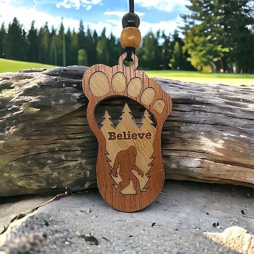 Personalized Car Air Freshener, Wood Diffuser and Fragrance Oil Set, Custom Message, Rearview Mirror Charm, Bigfoot Believe, Sasquatch, Auto Accessory for Men or Women (Mountain Rain)