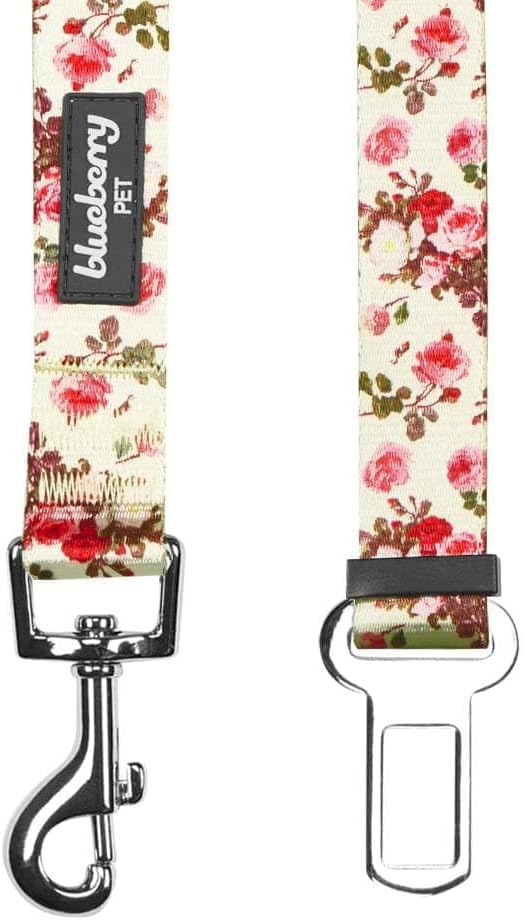 Blueberry Pet 8 Patterns Spring Scent Inspired Pink Rose Print Ivory Adjustable Dog Seat Belt Tether for Dogs Cats, Durable Safety Car Vehicle Seatbelts Leads Use with Harness