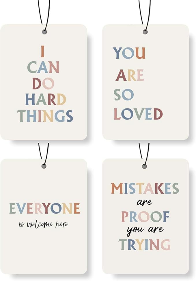 Inspirational Quote Car Air Freshener 4Pcs, Motivational Phrases Hanging Scents for Cars Closet Drawer Books，Uplifting Car Accessories Mirror Decor for women