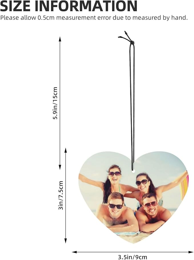 Custom Air Freshener for Car, Personalized with Pictures Text Logo Bulk, Double Sided, for Bathroom Bedroom Hanging Ornaments Birthday Christmas Gift, Heart Shape
