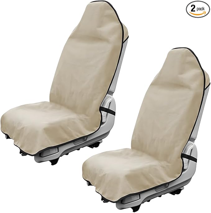 2PCS Car Towel Seat Cover, Waterproof Sweating Non-Slip Premium Soft Towel Carseat Protector, Universal Machine Washable Car Truck SUV Front Seat Cover for Gym Workout Beach Hiking (Beige)