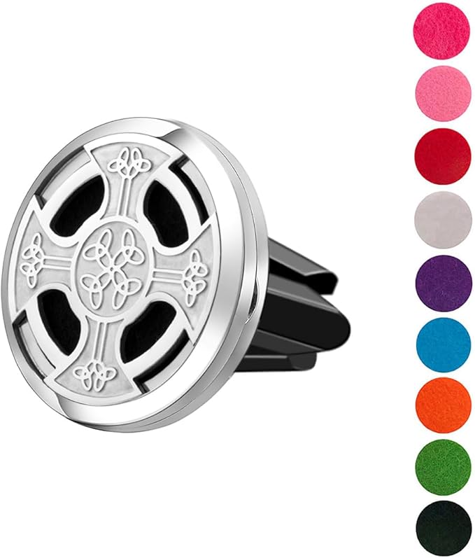 Wild Essentials Celtic Cross Essential Oil Car Vent Diffuser Kit with Lavender, Lemongrass, Peppermint, Orange Oils, Stainless Steel Pendant, 8 Refill Pads, Customizable Color Changing Air Freshener