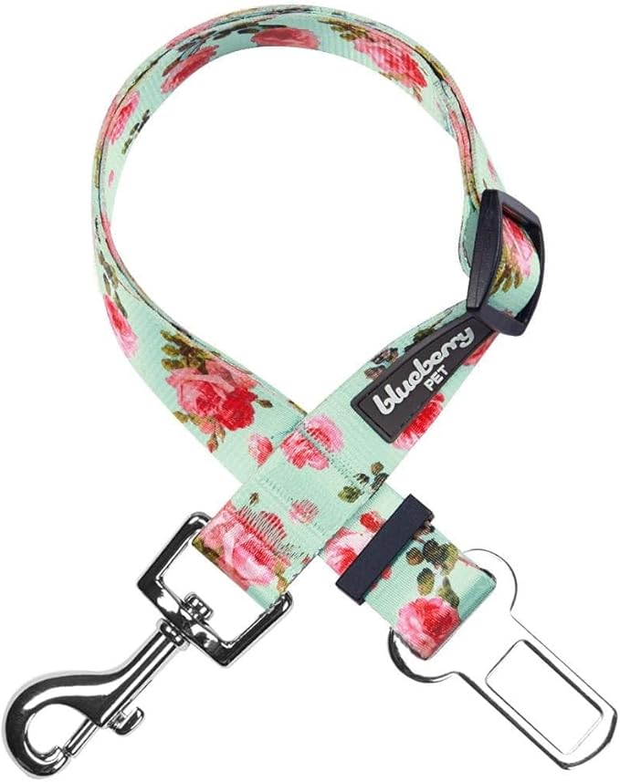 Blueberry Pet 8 Patterns Spring Scent Inspired Floral Rose Print Turquoise Adjustable Dog Seat Belt Tether for Dogs Cats, Durable Safety Car Vehicle Seatbelts Leads Use with Harness