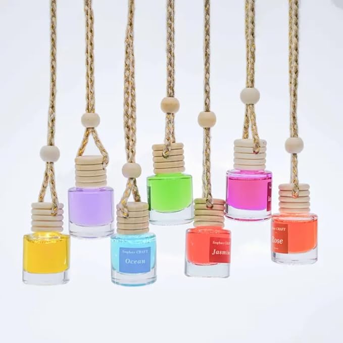 Air Diffuser Essential Oil Set | 12 Natural Scents Like Jasmine, Ocean, Sandalwood | Long Lasting Car Air Freshener for Women & Men | Hanging Glass Bottles, Air Freshener for Travel (8 ML Per Bottle)
