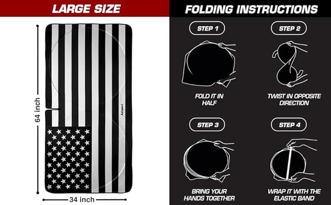 Windshield Sun Shade - American Flag Design, High-Resolution Sun Visor for Car, Truck, SUV with Mirror Cut-Out for Interior Sun Protection, Foldable Car Sun Shade (Black and White, Large)