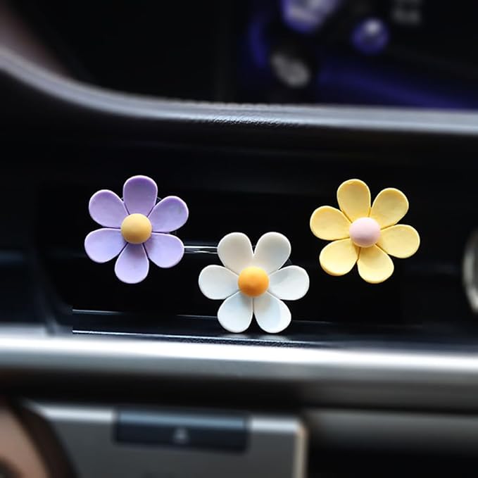6 Pcs Daisy Flower Air Vent Clips Flower Car Air Freshener Clips Charms Air Conditioning Outlet Clip Car Inter Decor Accessories White