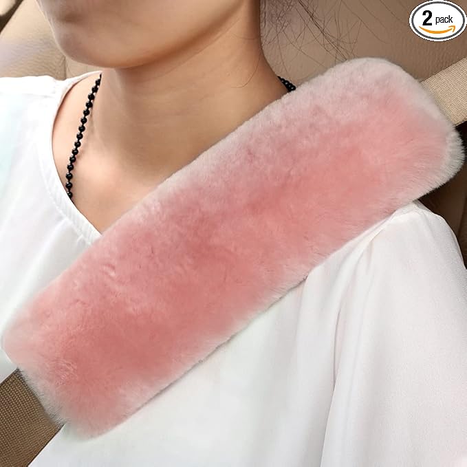 OGLAND Genuine Sheepskin Soft Fuzzy Car Seat Belt Pad,2 Pack Fluffy Seat Belt Cover for Shoulder Pad Neck Cushion Protector Car Accessories (Soft Pink)