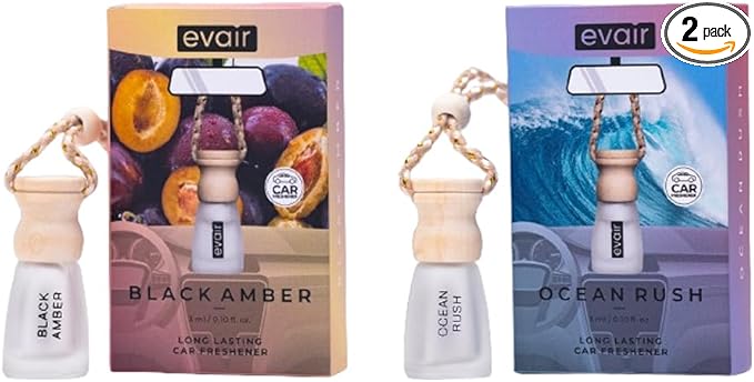 Evair Pack of 2 Hanging Car Air Freshener (Black Amber + Ocean Rush), Car Accessories Interior, Car Perfume Aroma with Essential Oils Fragrance in Glass Bottle with Wooden Diffuser Lid (3ml Each)