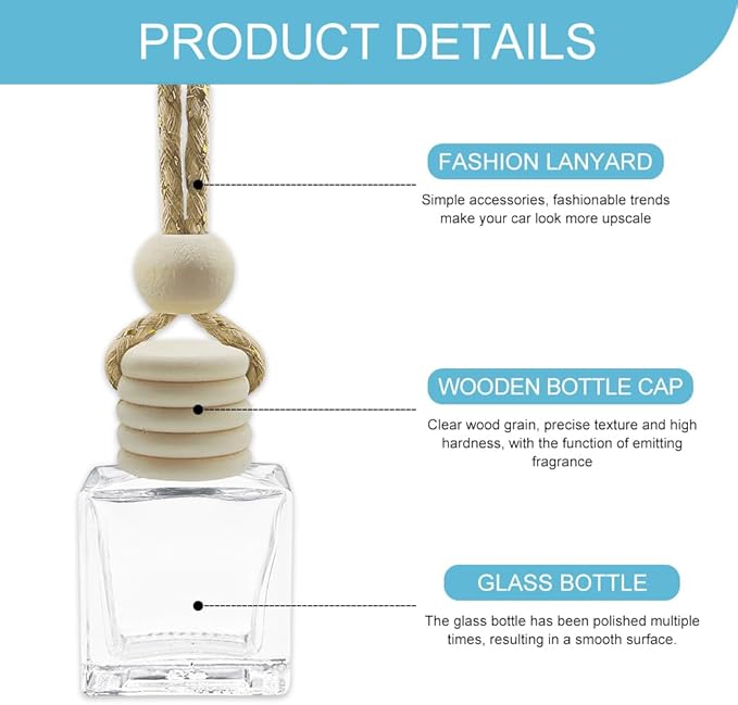 5PCS Hanging Car Air Freshener, Car Air Freshener Diffuser, 8ml Empty Glass Auto Oil Perfume Aromatherapy Diffuser Charms, Refillable Perfume Bottles for Most Vehicles (Rectangle, Style 1)