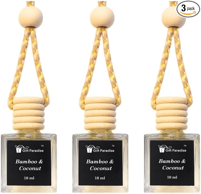 Gift Paradise® Bamboo & Coconut Car Air Freshener – Set of 3 (10 ml Each) – Long-Lasting Hanging Aromatherapy Diffuser for Car, Closet & Office – Clean Spa Scent – Velvet Gift Bag Included