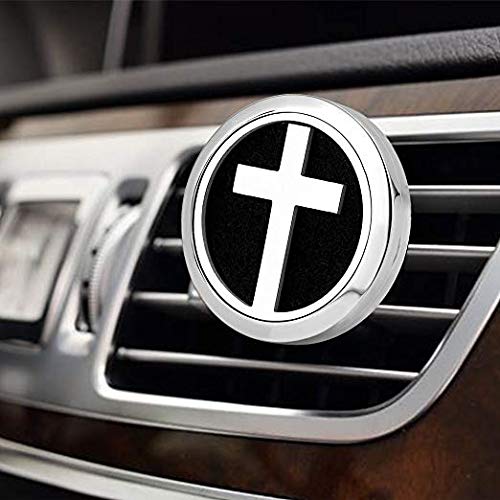 (Cross) 30mm Car Aromatherapy Essential Oil Diffuser Stainless Steel Locket Air Freshener with Vent Clip 7 Pads 1 Oil Included