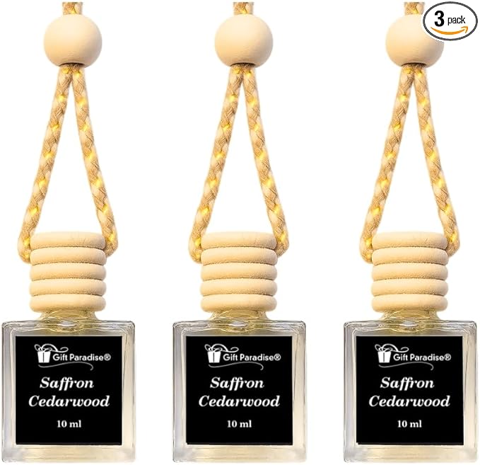 Gift Paradise® Saffron Cedarwood Car Air Freshener Set of 3 – Hanging Diffuser Bottles (10 ml Each) with Wooden Cap & Velvet Gift Bag, Long Lasting Luxury Car & Home Fragrance