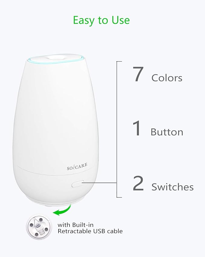 SOICARE Diffuser,USB Plug-in Car Portable Aromatherapy Diffuser,Essential Oils for Diffusers with 7 Colors Lights 2 Switch Mode Waterless Auto Off for Car Home Office Room (White)