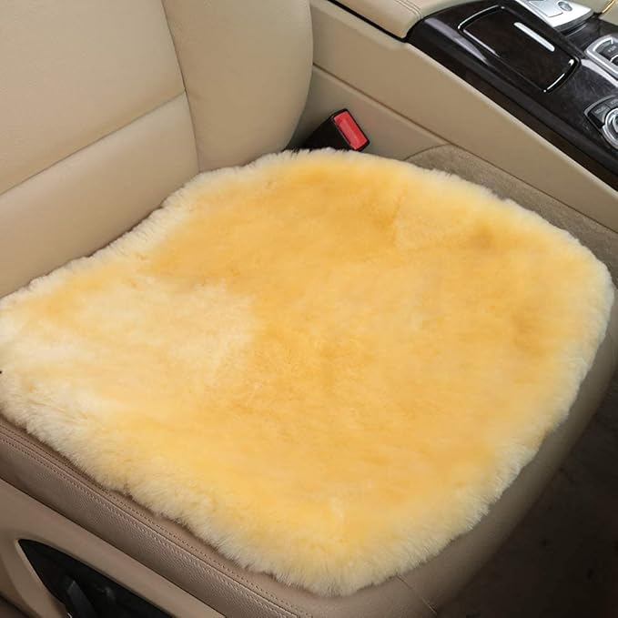 OGLAND Fluffy Genuine Australia Sheepskin Car Seat Cover for Auto Interior Accessories with Soft Fuzzy Wool Eco-Friendly Natural Fur Non-Slip (Light Yellow, Front)