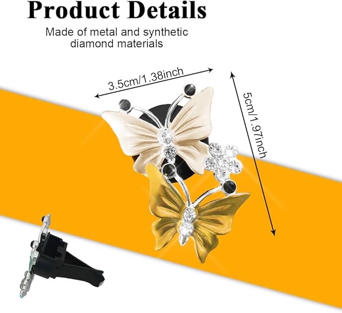 2PCS Car Air Fresheners Vent Clips, Butterfly Car Accessories, Sparkly Bling Dual Butterfly Auto Air Vent Clips, Automotive Cute Air Conditioning Outlet Decoration Universal for Women Girl