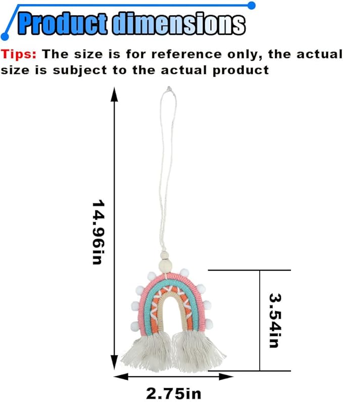 Boho Macrame Rainbow Car Charm, Handmade Car Rear View Mirror Charm, Car Air Freshener Decoration Pendant, Car Mirror Hanging Accessories, Essential Oil Diffuser for Car Interior (Style Three)
