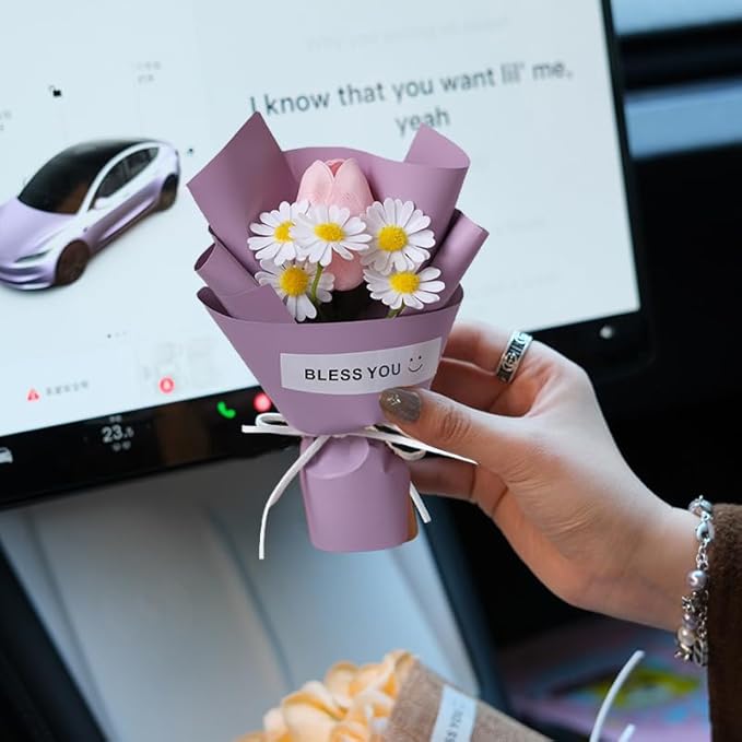 Cute Car Air Freshener Vent Clips - Flower Vent Clips with Magnetic Mini Dried Flower Bouquet, Dashboard Decor for Women, Car Decorations Interior & Wedding Gifts (purple, 5.9 inches)