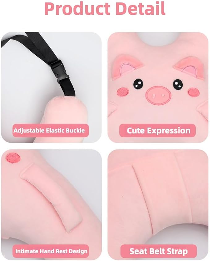 Car Pillow for Travel – Animal-Themed Car Seat Cushion with Safety Belt Protector – 4 Cute Styles: Pig, Dog, Rabbit, Panda (Panda)