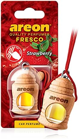 AREON Fresco Hanging Car Air Freshener - Natural & Woody Scent, 40-50 Days Long-Lasting Fragrance - Diffuser in Wood Pendant Housing - Automotive Accessories & Essentials - Strawberry, Pack of 3