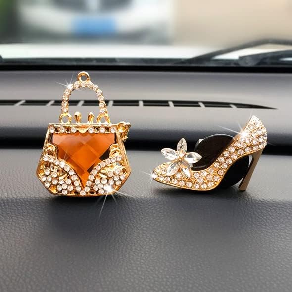 2 Pieces Crystal High Heel Shoe and Magic Bag Air Vent Clips Rhinestone Car Air Freshener Clip Bling Car Clip Gift Decorations Charm Car Inter Air Vent Decor Accessories for Girls Women