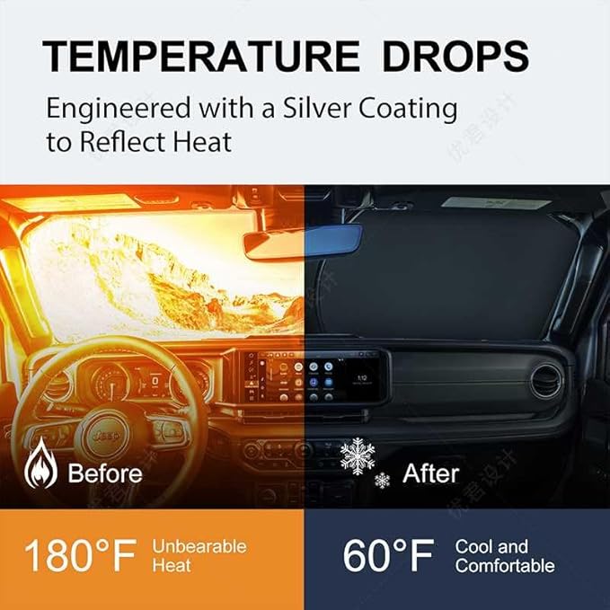 Upgraded Sunshade, Improved UV Protection Fabric, Foldable Front Sun Shade, Custom Accessories for 2018-2025 Jeep Wrangler