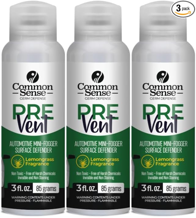 PreVent Car Fogger Deodorizing Air Refresher by Smart Common Sense, Long-Lasting Odor Control Spray for Vehicles, Lemongrass Fragrance, 3 fl. Oz 3-Pack