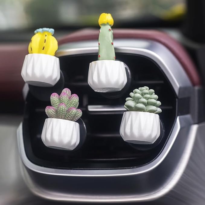 4 Pcs Cute Cactus Air Vent Perfume Clips, Resin Artificial Plant Succulents Car Air Fresheners Aromatherapy Clips, Car Interior Decoration Accessories, Gift for Men Women