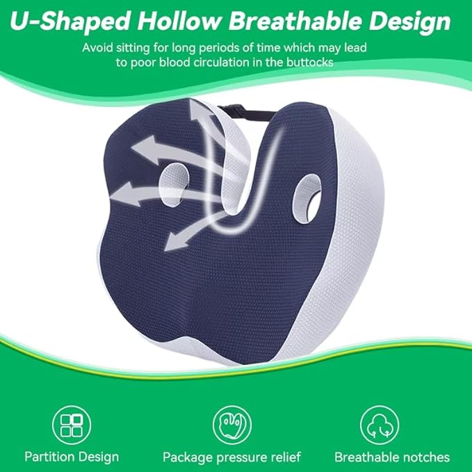 Seat Cushion for Office Chair Orthopedic Memory Foam Coccyx Support Pad Sciatica Pain Relief Tailbone Back Comfort Posture Alignment Pressure Massage Home Car Work