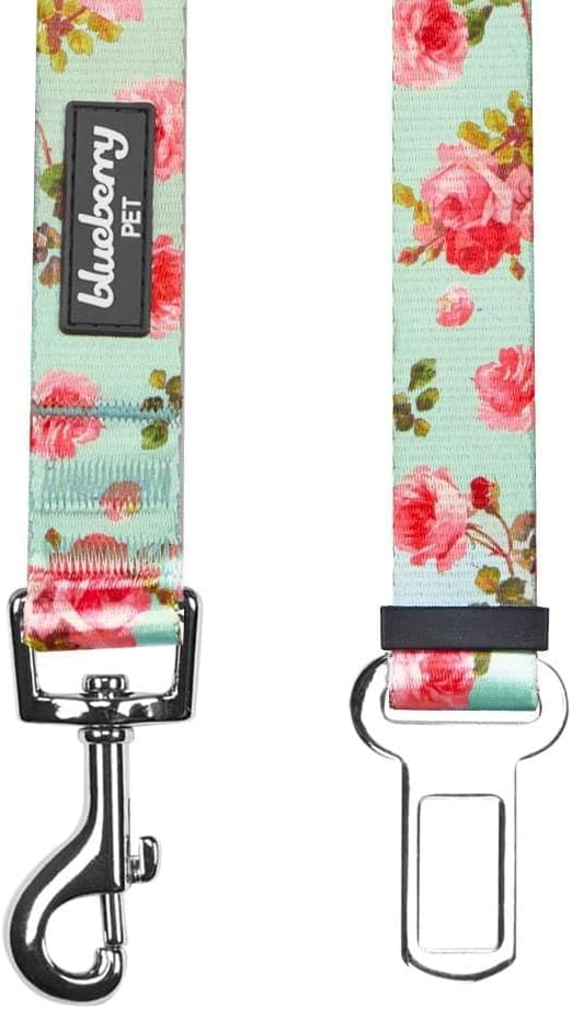 Blueberry Pet 8 Patterns Spring Scent Inspired Floral Rose Print Turquoise Adjustable Dog Seat Belt Tether for Dogs Cats, Durable Safety Car Vehicle Seatbelts Leads Use with Harness