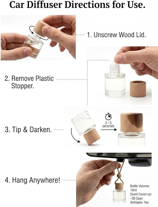 Hanging Car Air Diffuser - Glass and Wood Essential Oil Car Air Freshener - Long Lasting Rearview Mirror Scent - FyrBugg Apothecary, LLC - 10ml (Amber)