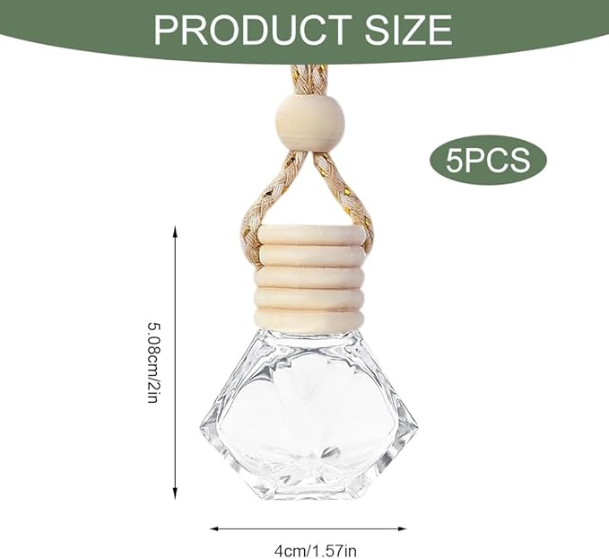 5PCS Hanging Car Air Freshener, Car Air Freshener Diffuser, 8ml Hanging Essential Oil Diffuser Bottle, Auto Interior Cute Glass Empty Perfume Bottle Ornament for Most Vehicles (Rhomb)