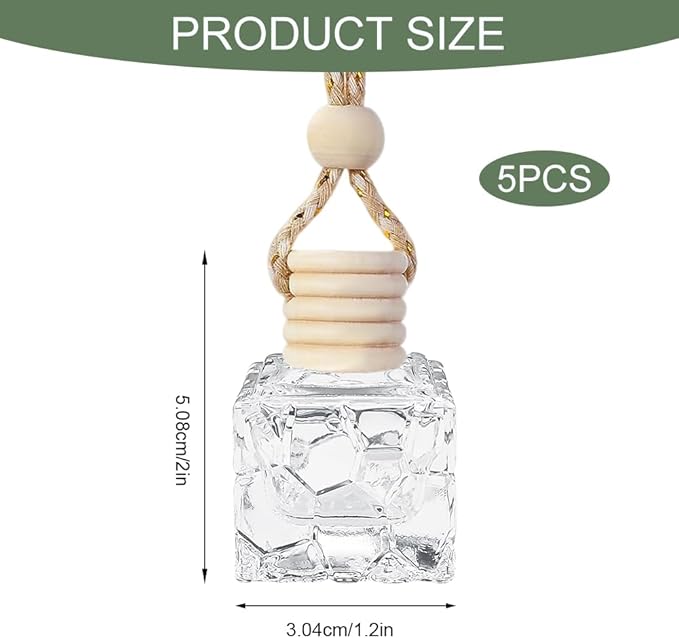 5PCS Hanging Car Air Freshener, Car Air Freshener Diffuser, 8ml Hanging Essential Oil Diffuser Bottle, Auto Interior Cute Glass Empty Perfume Bottle Ornament for Most Vehicles (Water Cube)