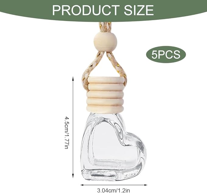 5PCS Hanging Car Air Freshener, Car Air Freshener Diffuser, 8ml Hanging Essential Oil Diffuser Bottle, Auto Interior Cute Glass Empty Perfume Bottle Ornament for Most Vehicles (Heart)