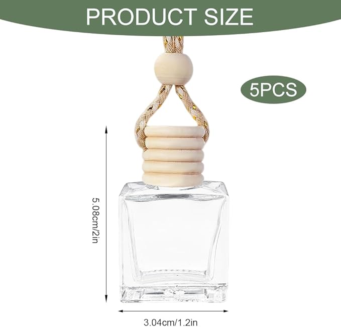5PCS Hanging Car Air Freshener, Car Air Freshener Diffuser, 8ml Hanging Essential Oil Diffuser Bottle, Auto Interior Cute Glass Empty Perfume Bottle Ornament for Most Vehicles (Rectangle)
