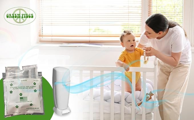 Green Piece® 12 Pack - Overstuffed - All-Natural Baby Diaper Pail Deodorizer | Activated Charcoal Air Purifier Compatible with Diaper Pails, Shoe Closets, Trash Cans, Pets - Made in The USA