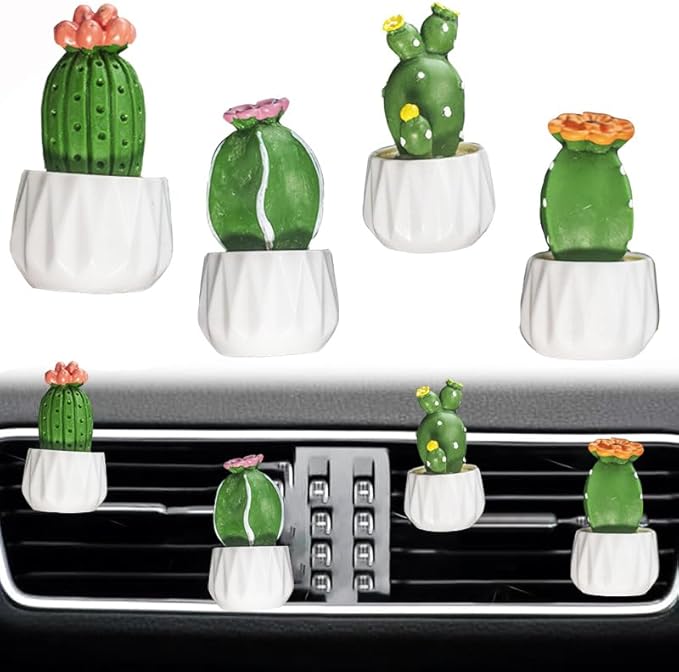 4 Pcs Cute Cactus Air Vent Perfume Clips, Resin Artificial Plant Succulents Car Air Fresheners Aromatherapy Clips, Car Interior Decoration Accessories, Gift for Men Women